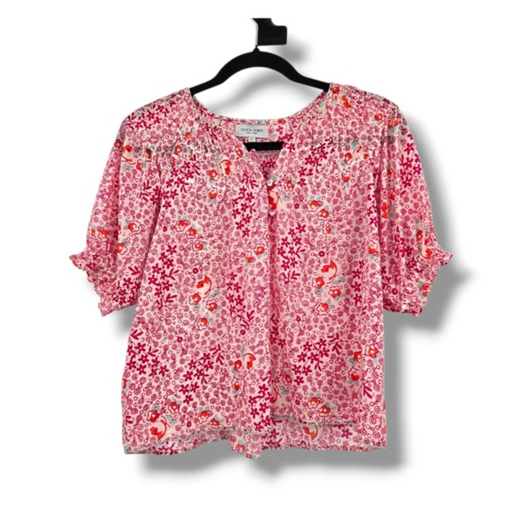 Olivia James Floral Blouse Smocked Neck 3/4 Sleeve Pink Top Size S - Picture 1 of 10